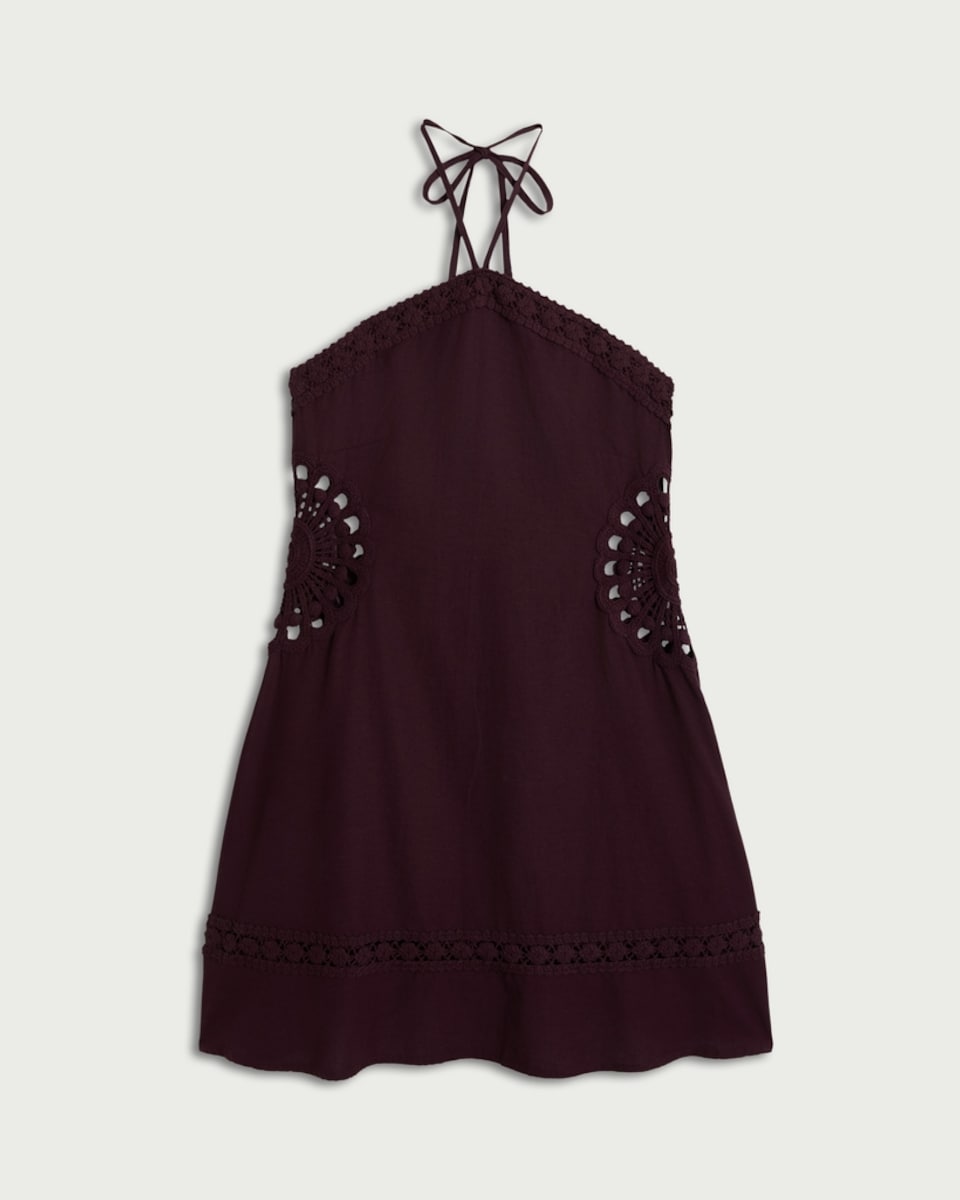 image 1 of F&F Crochet Detail Beach Dress with Linen in Burgundy
