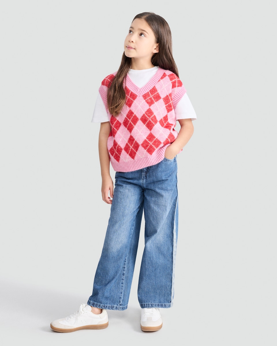 image 1 of F&F Girls Argyle Print V Neck Knitted Vest in Pink