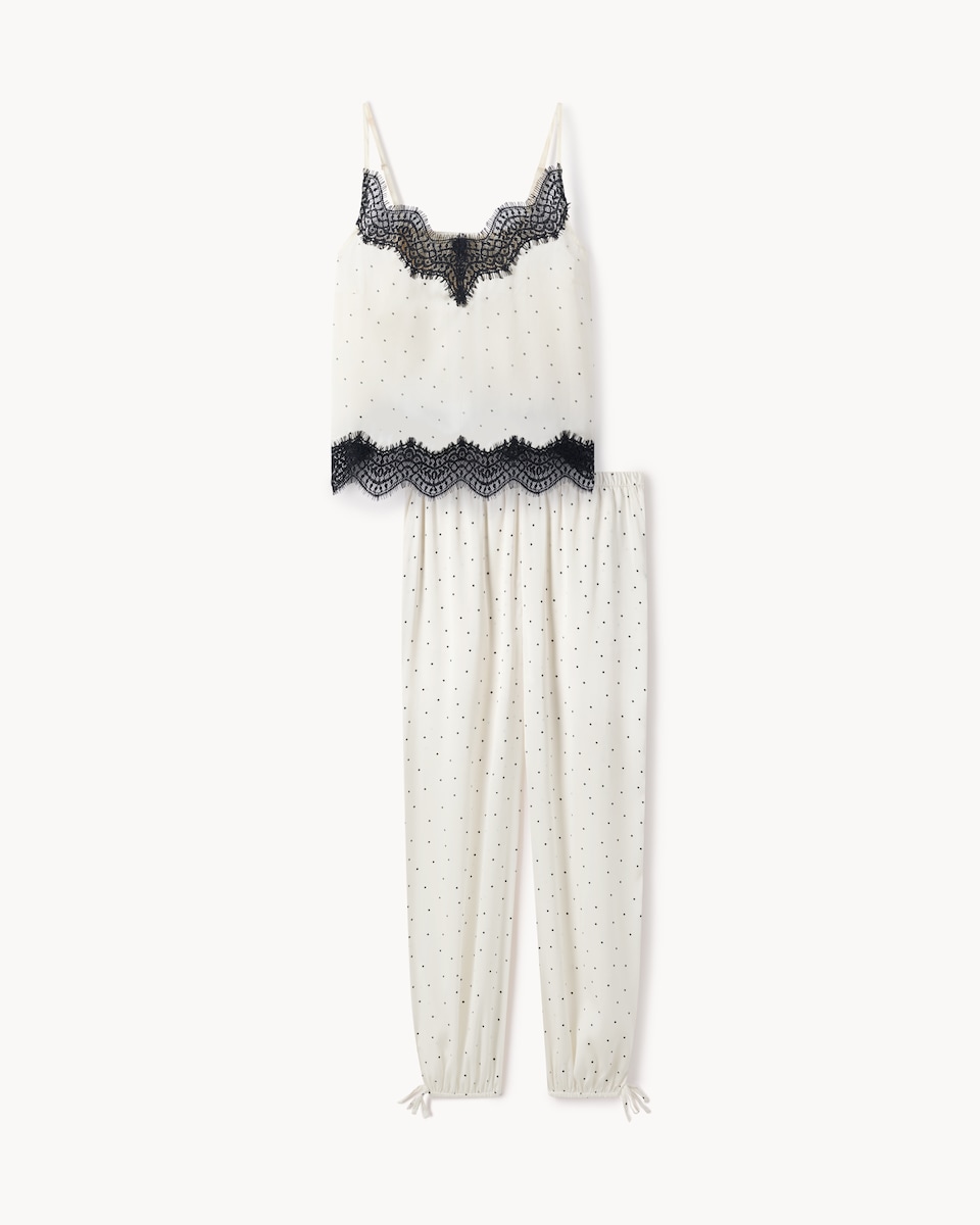 image 1 of F&F Satin Polka Dot Lace Trim Pyjama Set in Cream