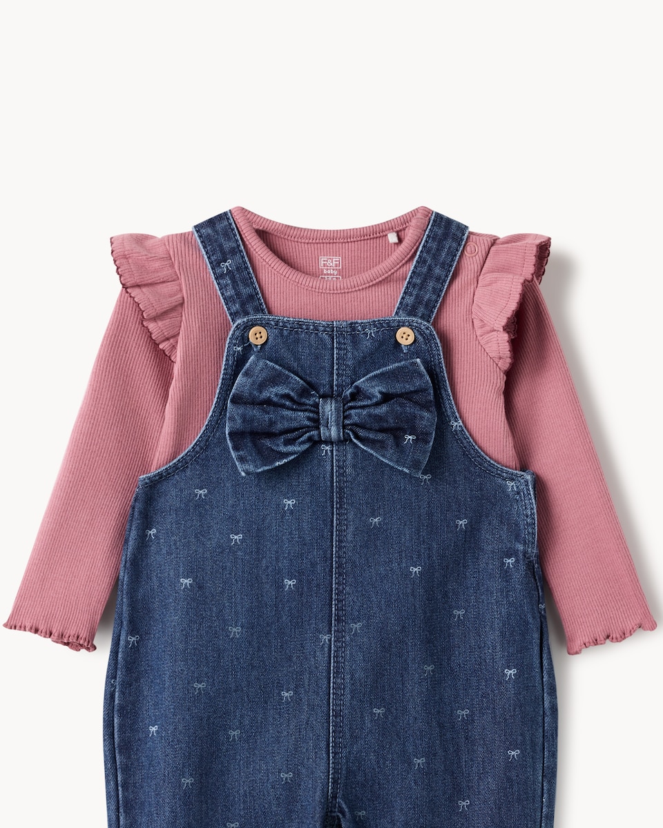 image 1 of F&F Baby Cotton Rich Bow Denim Dungarees and Bodysuit Set in Blue