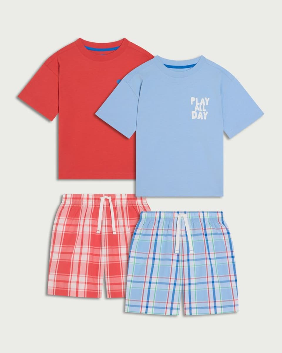 F&F Boys 2-Pack Pure Cotton Checked Short Pyjama Sets in Multi