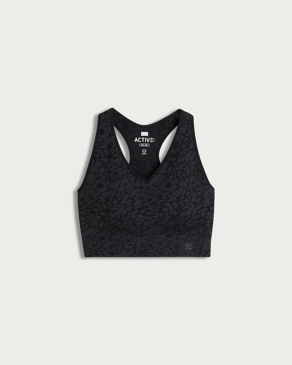 image 1 of F&F Active Seamfree Medium Support Animal Print Sports Bra in Black