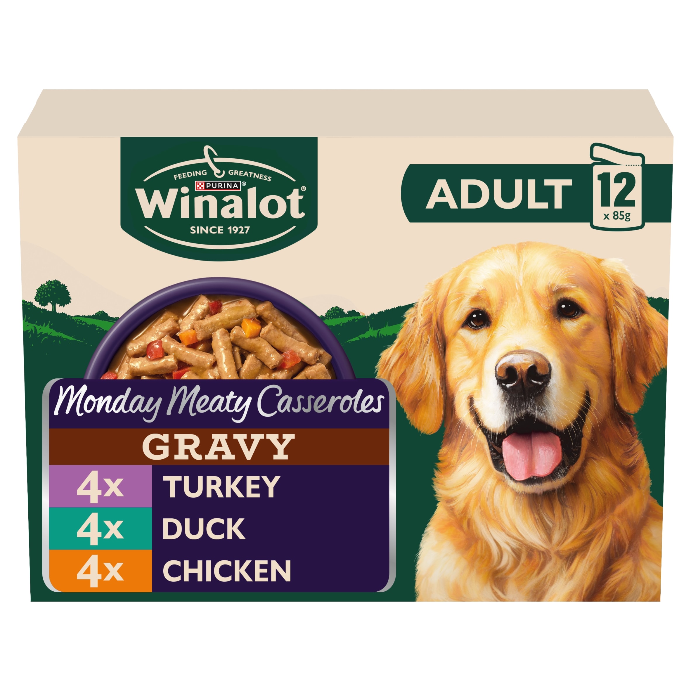 WINALOT Monday Meaty Casseroles Chicken, Turkey, Duck in Gravy Wet Dog Food 12 x 85g