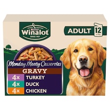 WINALOT Monday Meaty Casseroles Chicken, Turkey, Duck in Gravy Wet Dog Food 12 x 85g