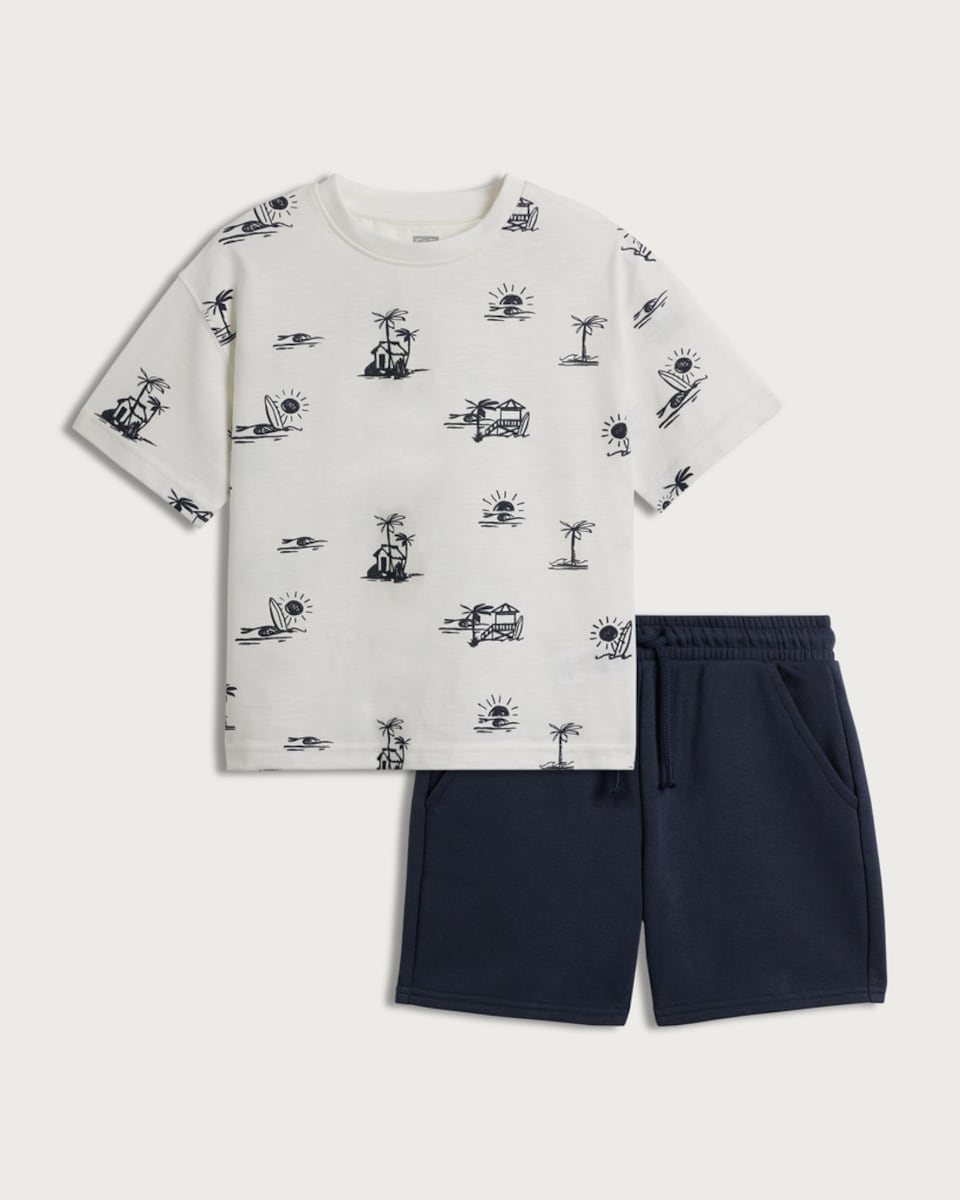image 1 of F&F Boys 2-Piece Pure Cotton Beach Print T-Shirt and Shorts Set in White