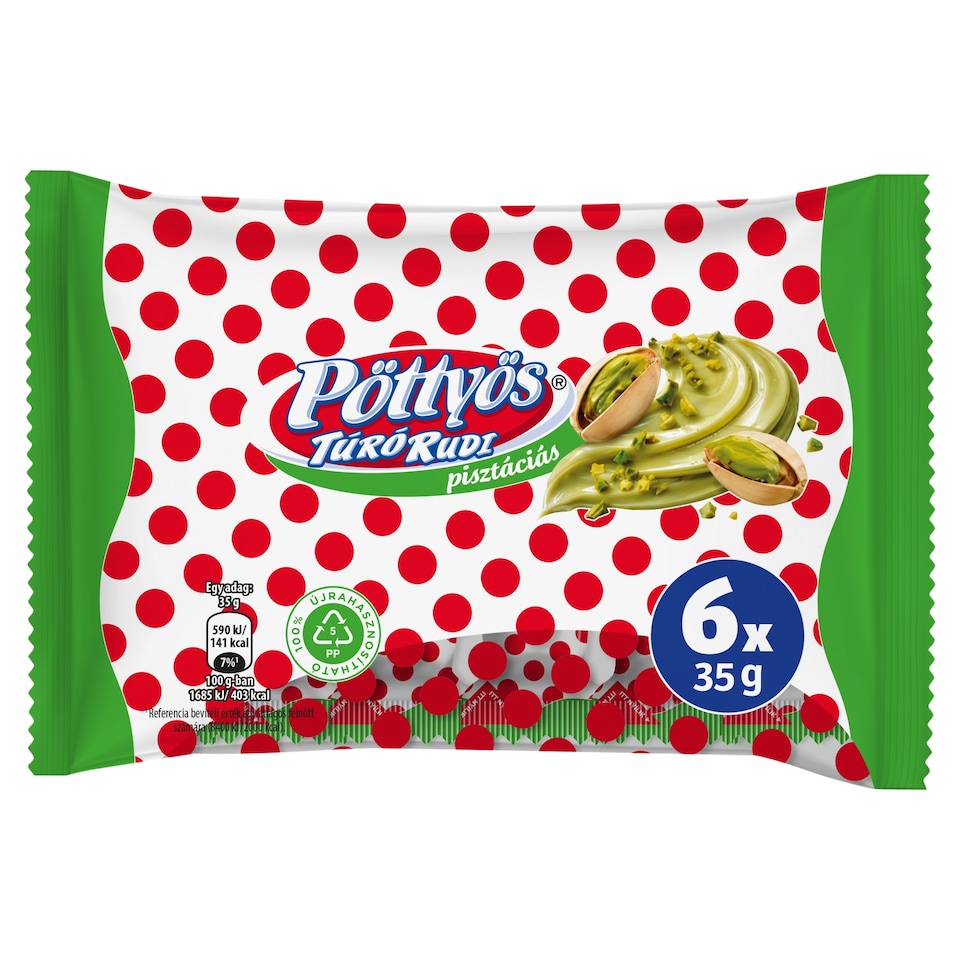 Pöttyös Túró Rudi pisztáciás túródesszert kakaós étbevonóval 6 x 35 g (210 g)