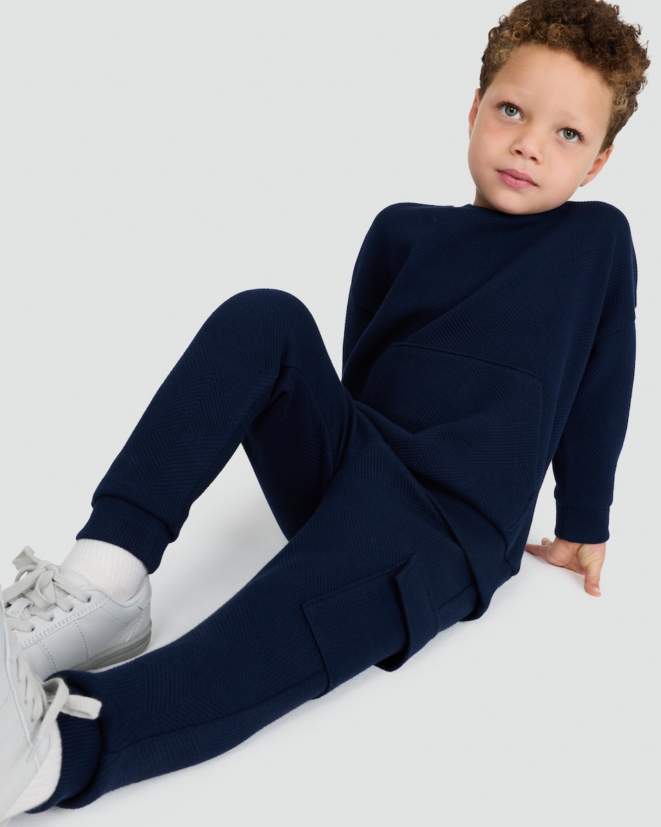 image 1 of F&F Boys Cotton Blend Textured Geometric Sweatshirt and Joggers Set in Navy
