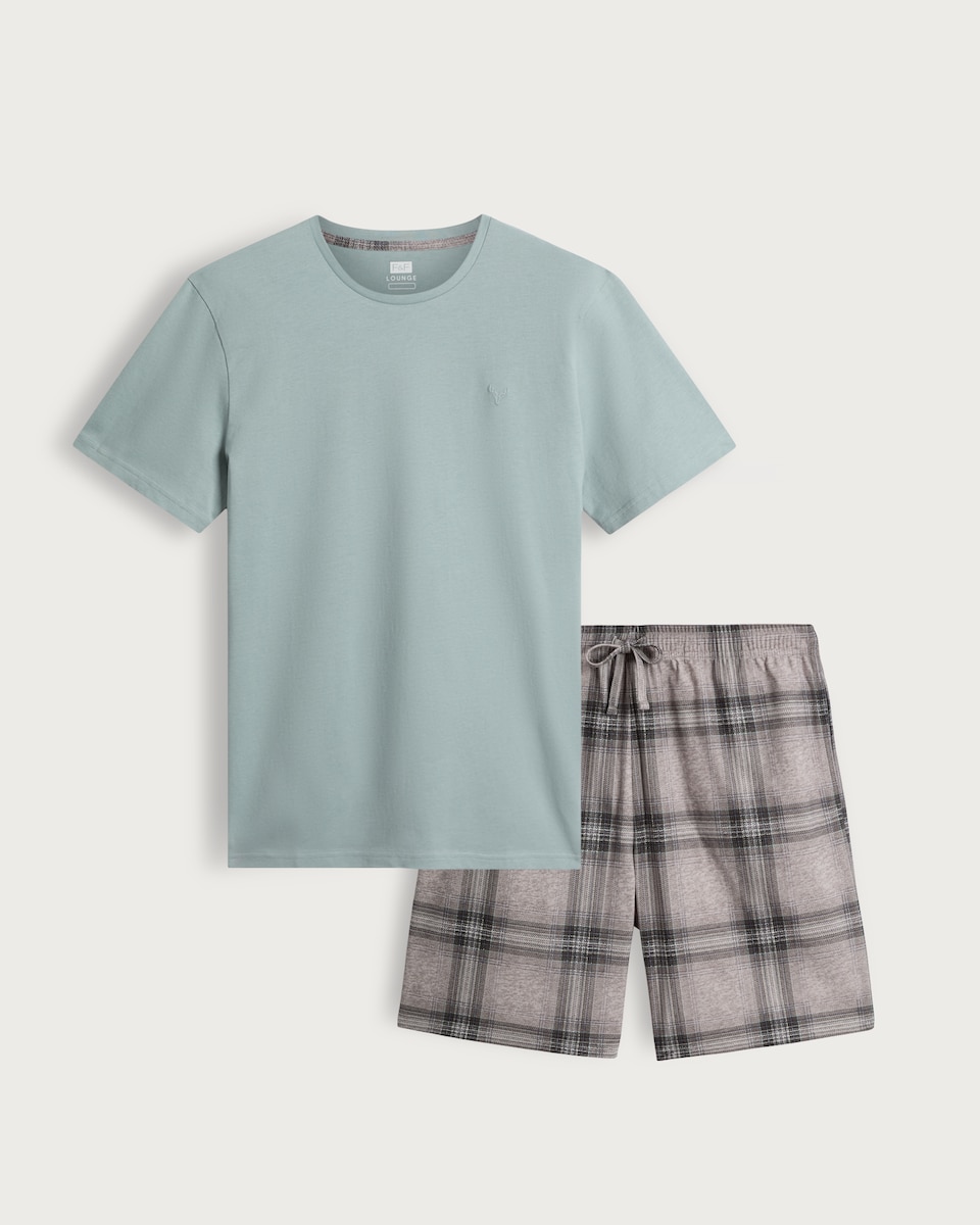 image 1 of F&F Fleece Shorts Check Pyjama Set in Grey