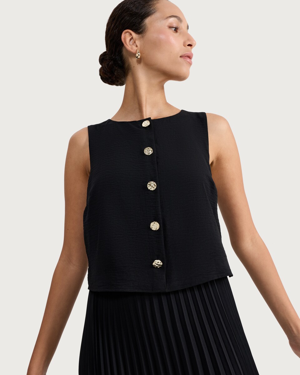 image 1 of F&F Button Front Pleated Sleeveless Midi Dress in Black