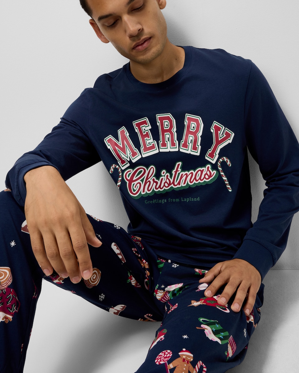 image 1 of Christmas Pure Cotton Merry Christmas Matching Family Pyjama Set in Navy