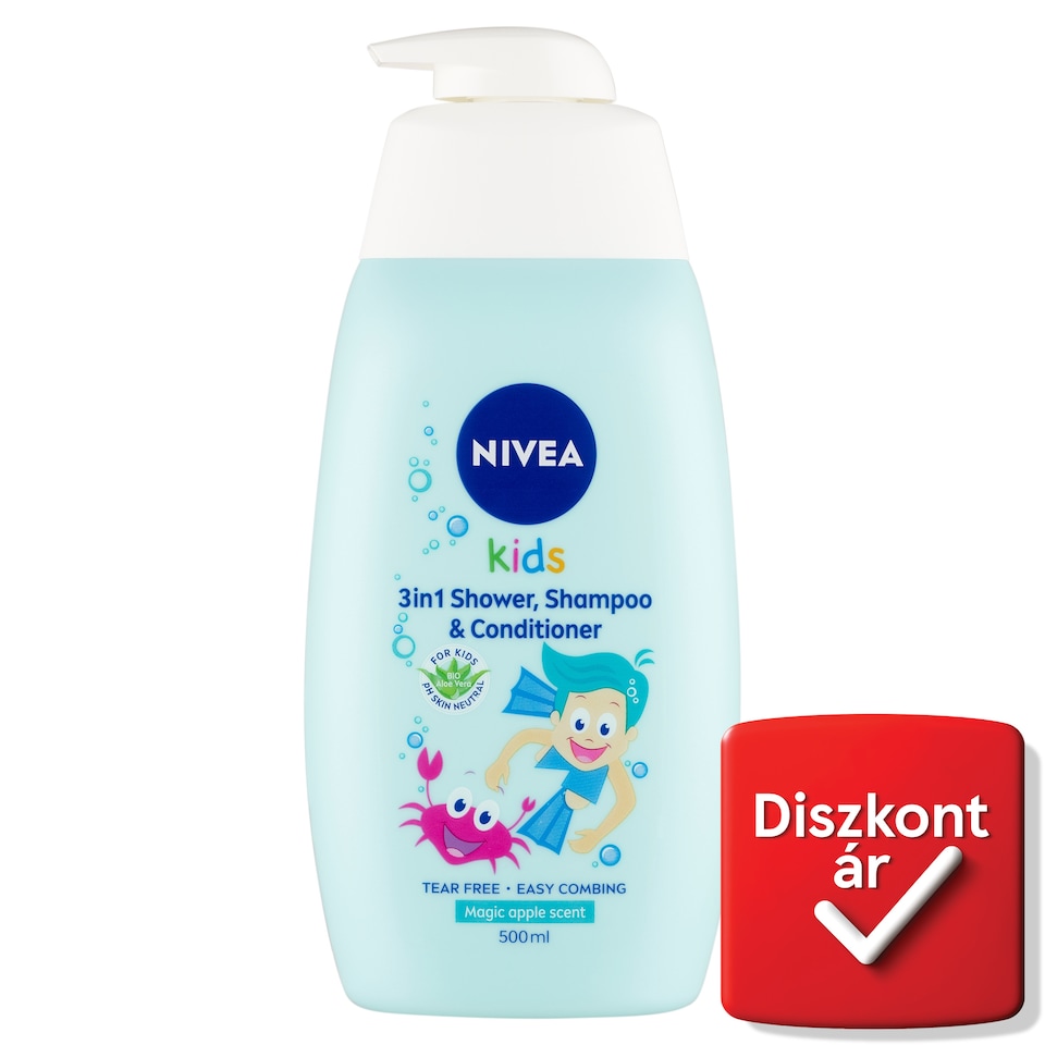 NIVEA Kids Magic Apple 3in1 tusfürdő, sampon és balzsam kamilla és bio aloe vera kivonattal 500 ml  1. kép