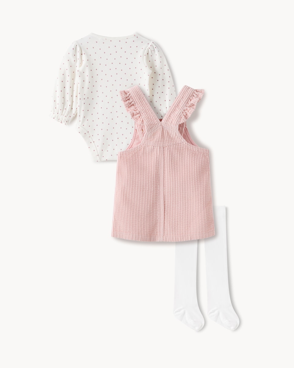 image 1 of F&F Baby Cotton Rich Bodysuit, Pinafore Dress and Tights Set in Pink