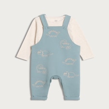 F&F Baby 2-Piece Cotton Rich Embroidered Dinosaur Dungarees and Bodysuit Set in Green