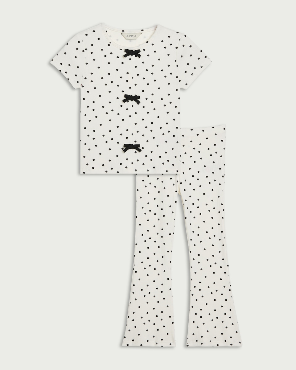 image 1 of F&F Girls 2-Piece Cotton Rich Polka Dot Set in Multi Black White