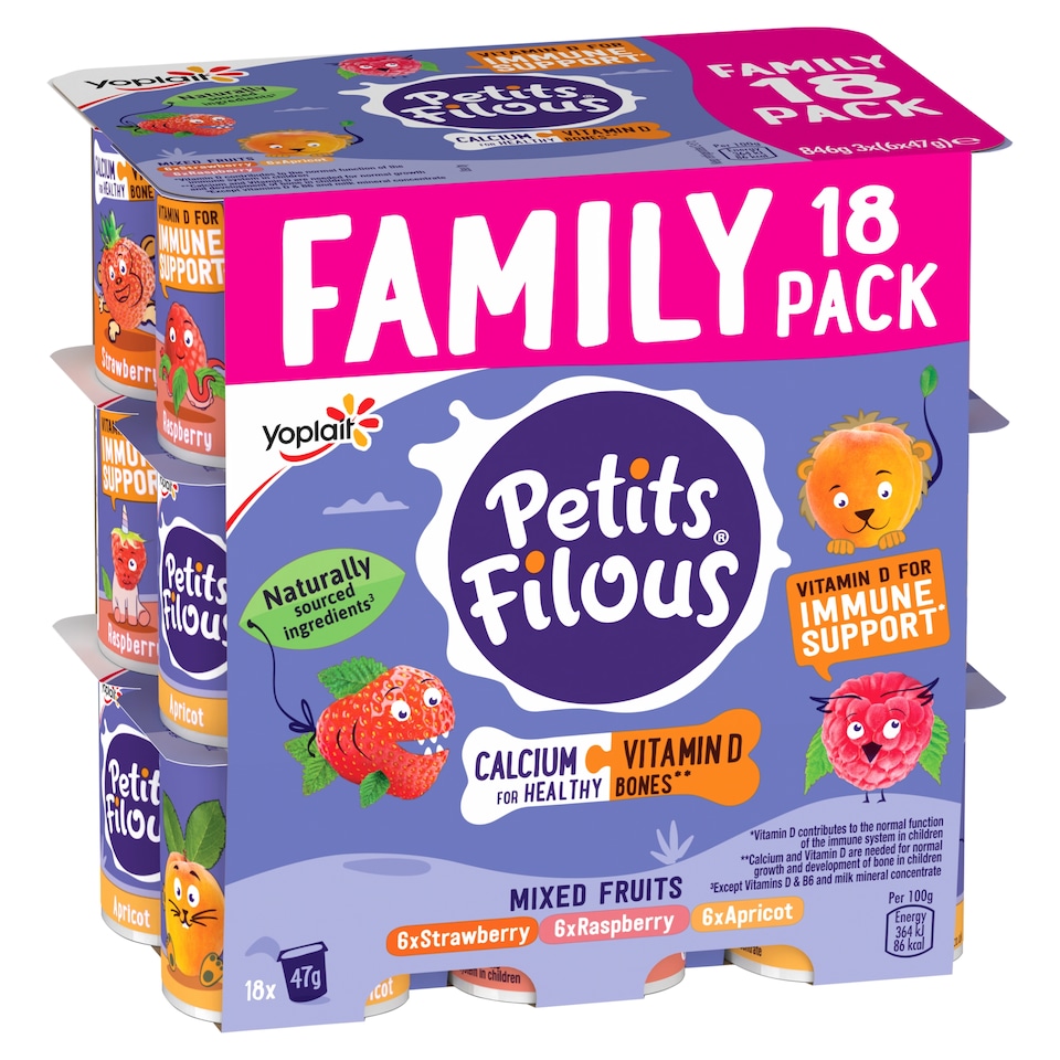 image 1 of Petits Filous Strawberry Raspberry & Apricot Kids Yoghurt Pots Multipack 18x47g
