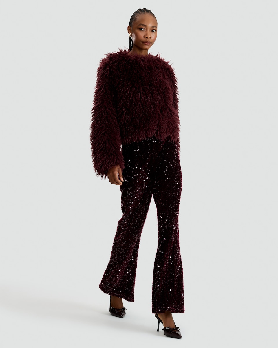 image 1 of F&F Velvet Sequin Flared Trousers in Burgundy