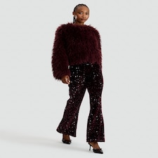 F&F Velvet Sequin Flared Trousers in Burgundy