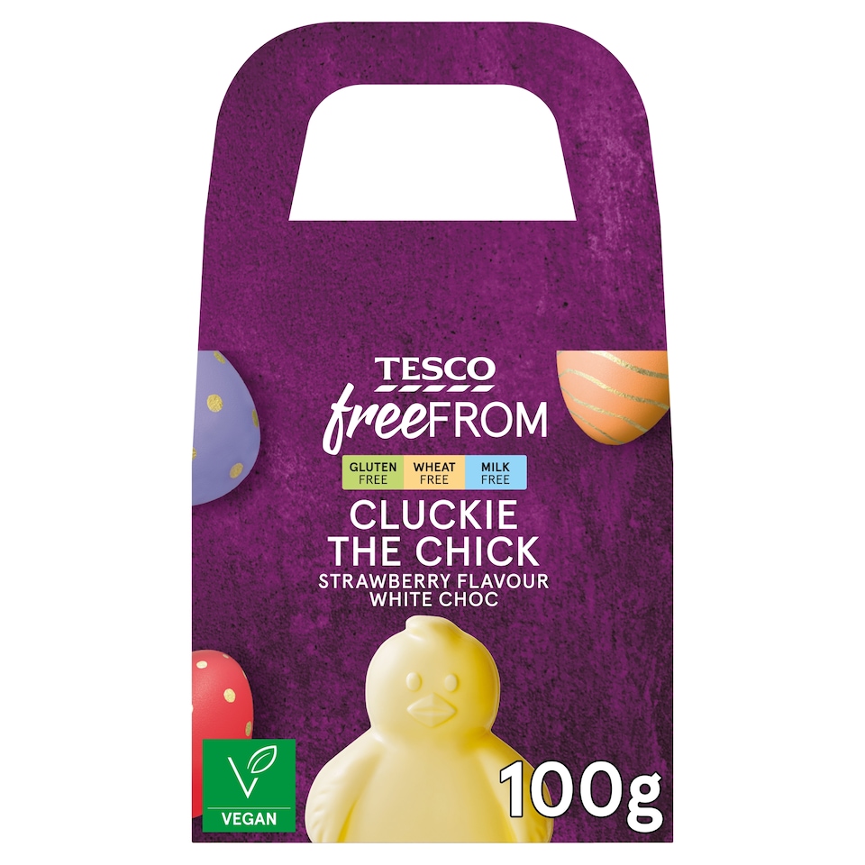 Tesco Free From Cluckie The Chick Strawberry Flavour White Choc 100g
