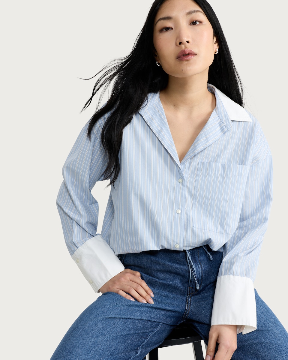 image 1 of F&F Cotton Rich Stripe Print Contrast Collar Oversized Fit Shirt in Blue