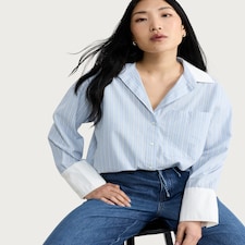 F&F Cotton Rich Stripe Print Contrast Collar Oversized Fit Shirt in Blue