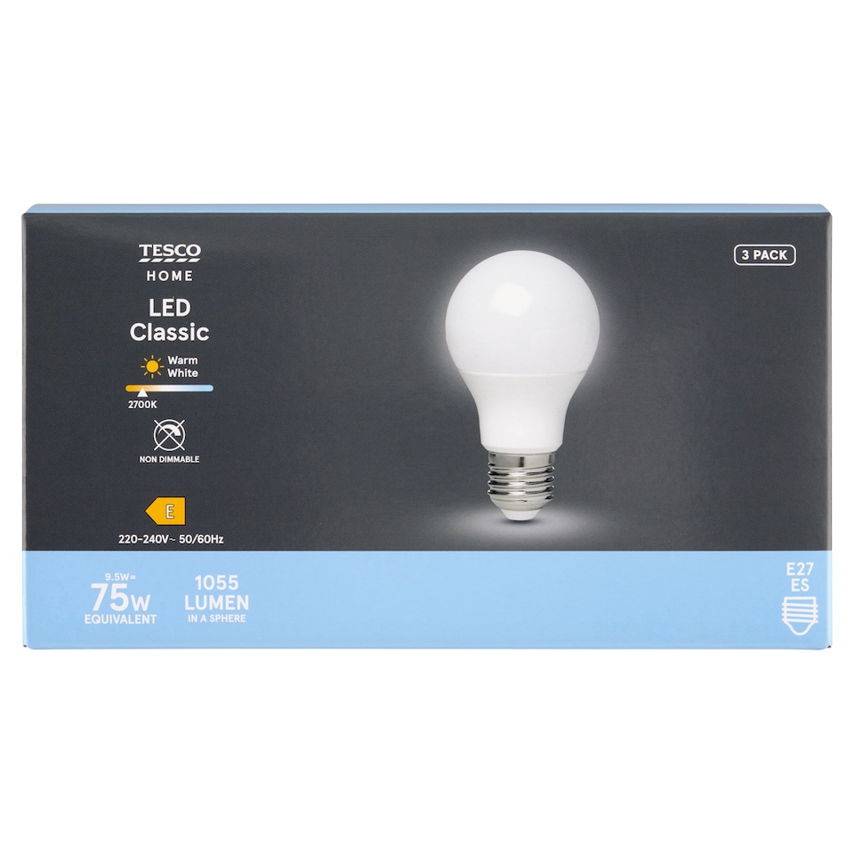 image 1 of Tesco Home E27 1055 lm 75W 2700K LED Classic Bulb 3 pcs