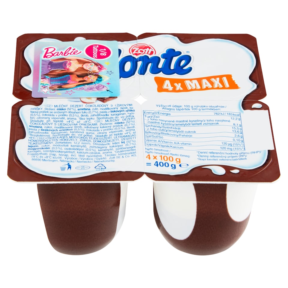 Obrázek 1 pro produkt Zott Monte Mléčný dezert čokoládový s lískovými oříšky 4 x 100g (400g)