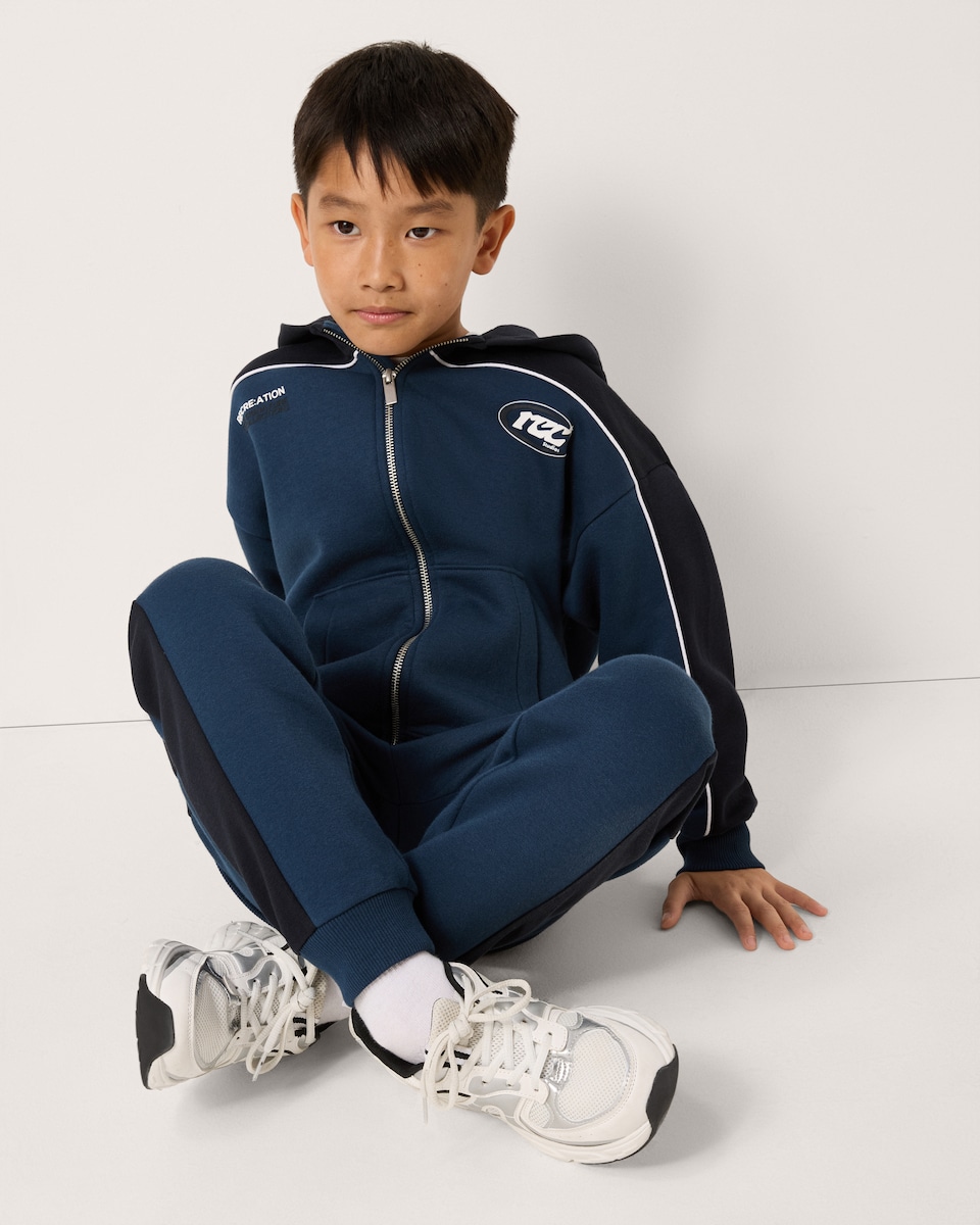 image 1 of F&F Boys Cotton Rich Colour Block Hoodie and Joggers Set in Navy