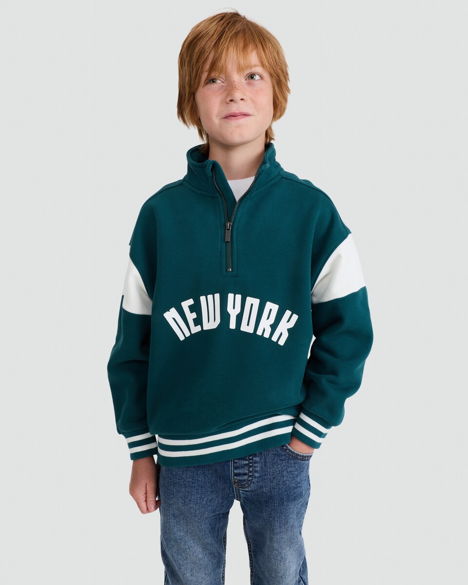 image 1 of F&F Boys Cotton Rich New York Quarter Zip Sweatshirt in Green