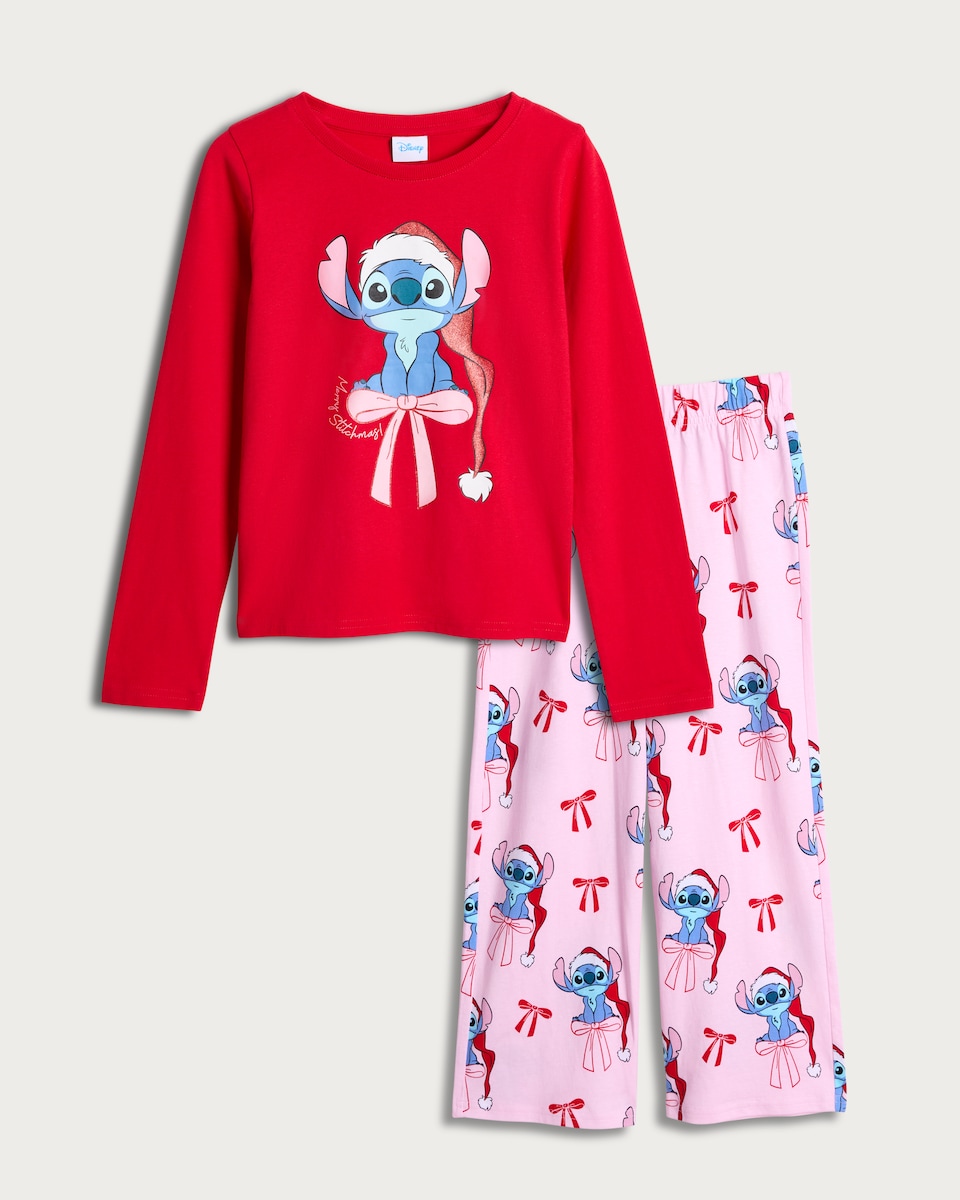 image 1 of Disney Lilo & Stitch Pure Cotton Christmas Print Pyjamas in Multi