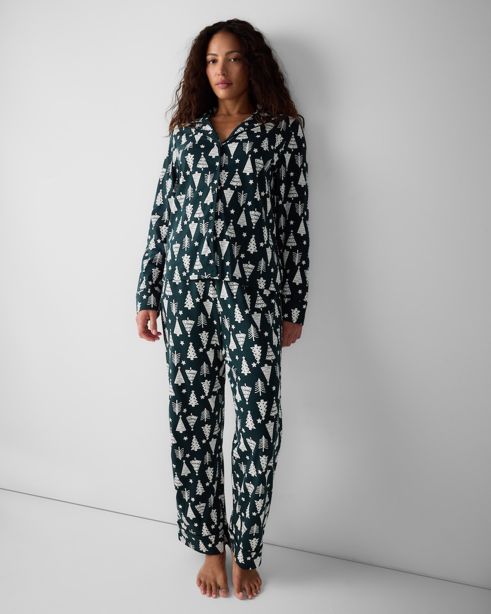 image 1 of Christmas Pure Cotton Tree Revere Matching Family Pyjama Set in Green