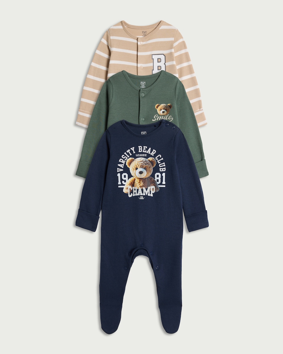 image 1 of F&F Baby 3-Pack Pure Cotton Bear Print Sleepsuits in Blue