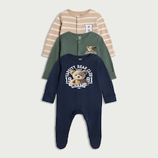 F&F Baby 3-Pack Pure Cotton Bear Print Sleepsuits in Blue