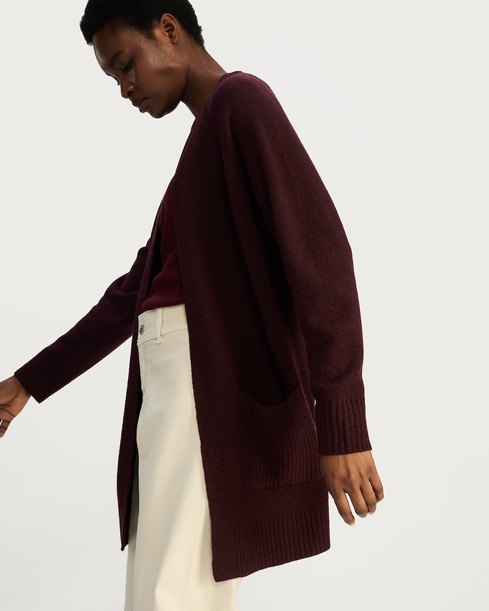 image 1 of F&F Patch Pocket Open Front Cardigan with Wool in Burgundy