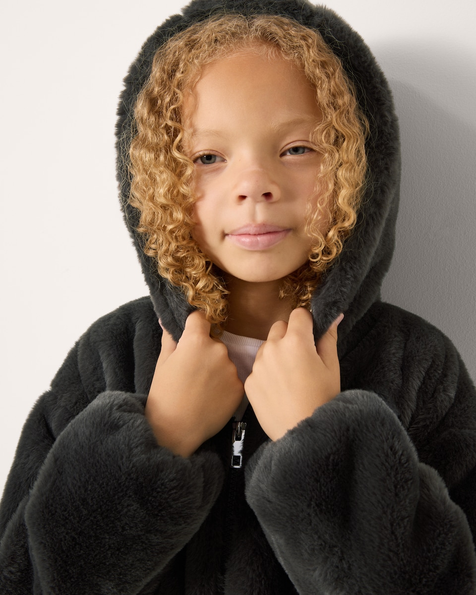 image 1 of F&F Girls Faux Fur Hooded Jacket in Grey