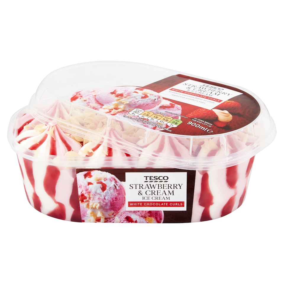 image 1 of Tesco Strawberry & Cream Ice Cream Tub 900Ml