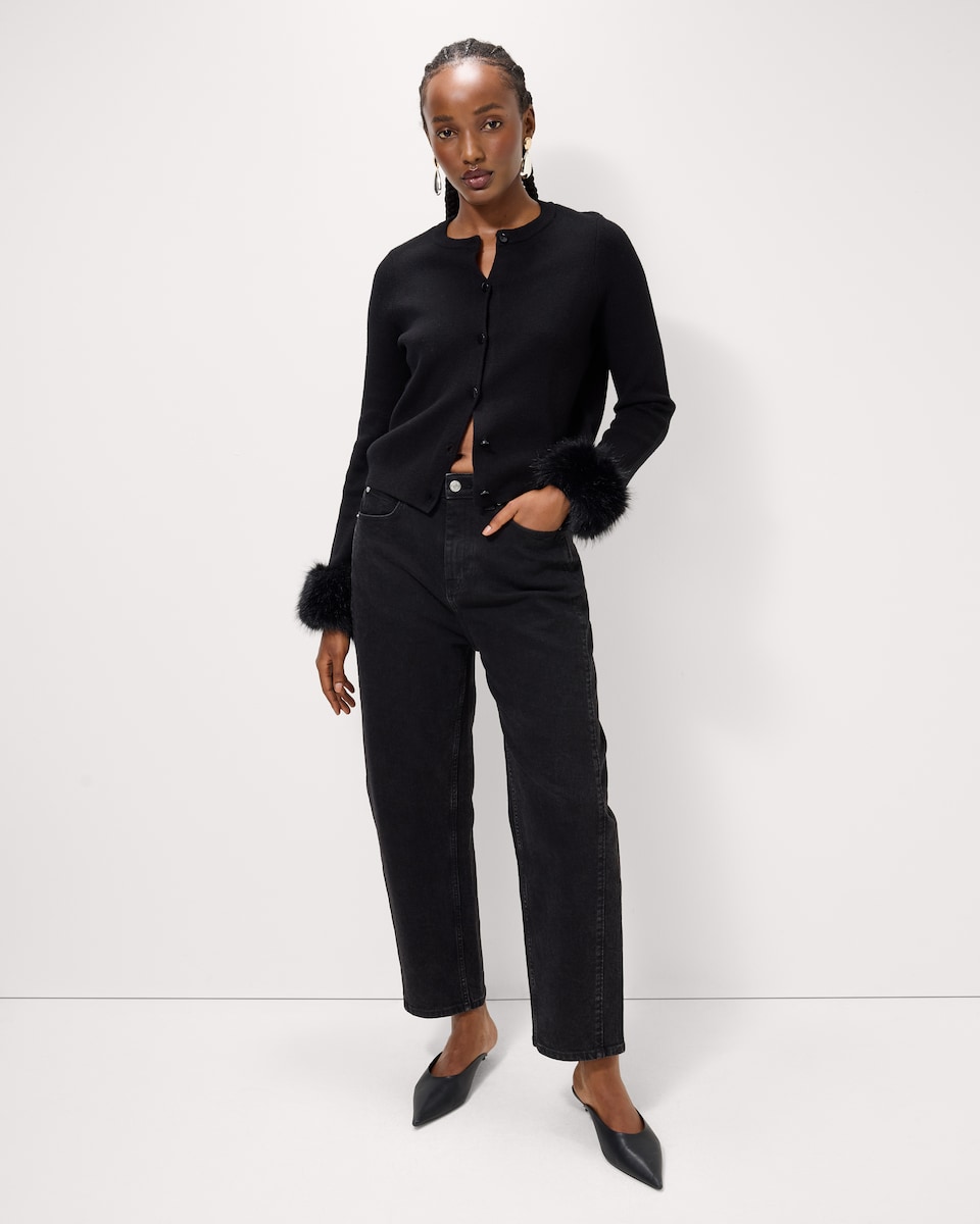 image 1 of F&F Faux Fur Cuff Cardigan in Black