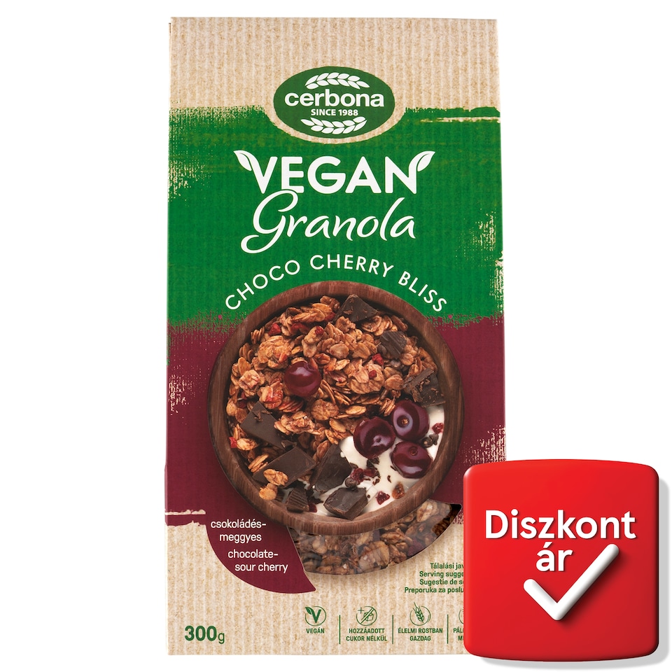 Cerbona Vegan csokoládés-meggyes granola müzli édesítőszerrel 300 g