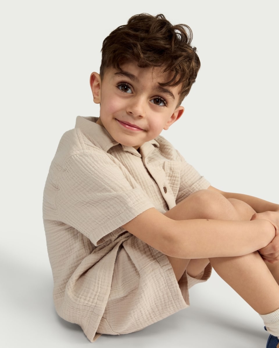 image 1 of F&F Boys 2-Piece Pure Cotton Textured Shirt and Shorts Set in Stone