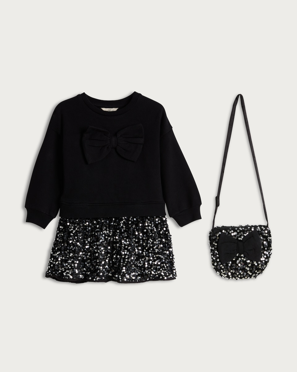 F&F Girls Sequin Bow Dress and Matching Bag Set in Black