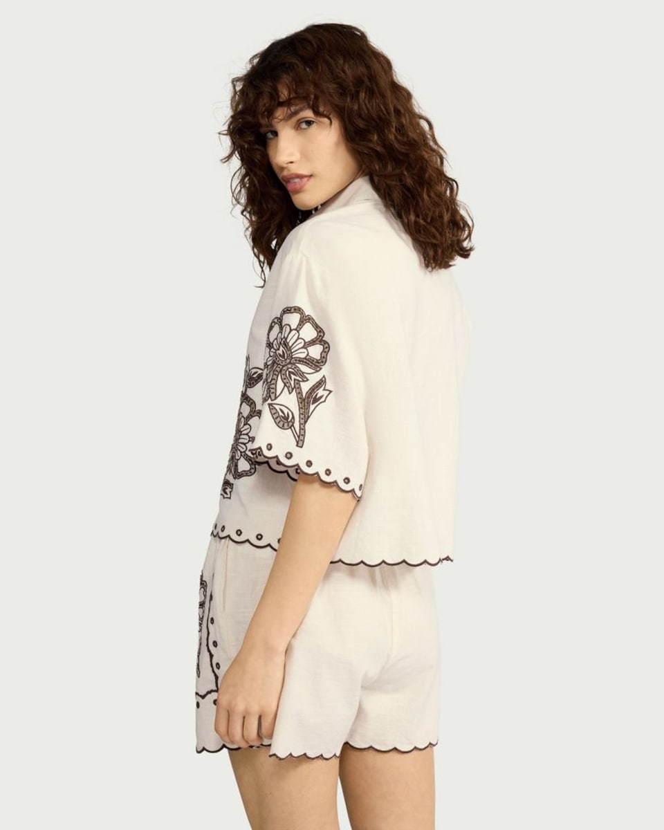 image 1 of F&F Pure Cotton Floral Embroidered Co-ord Shorts in Ivory