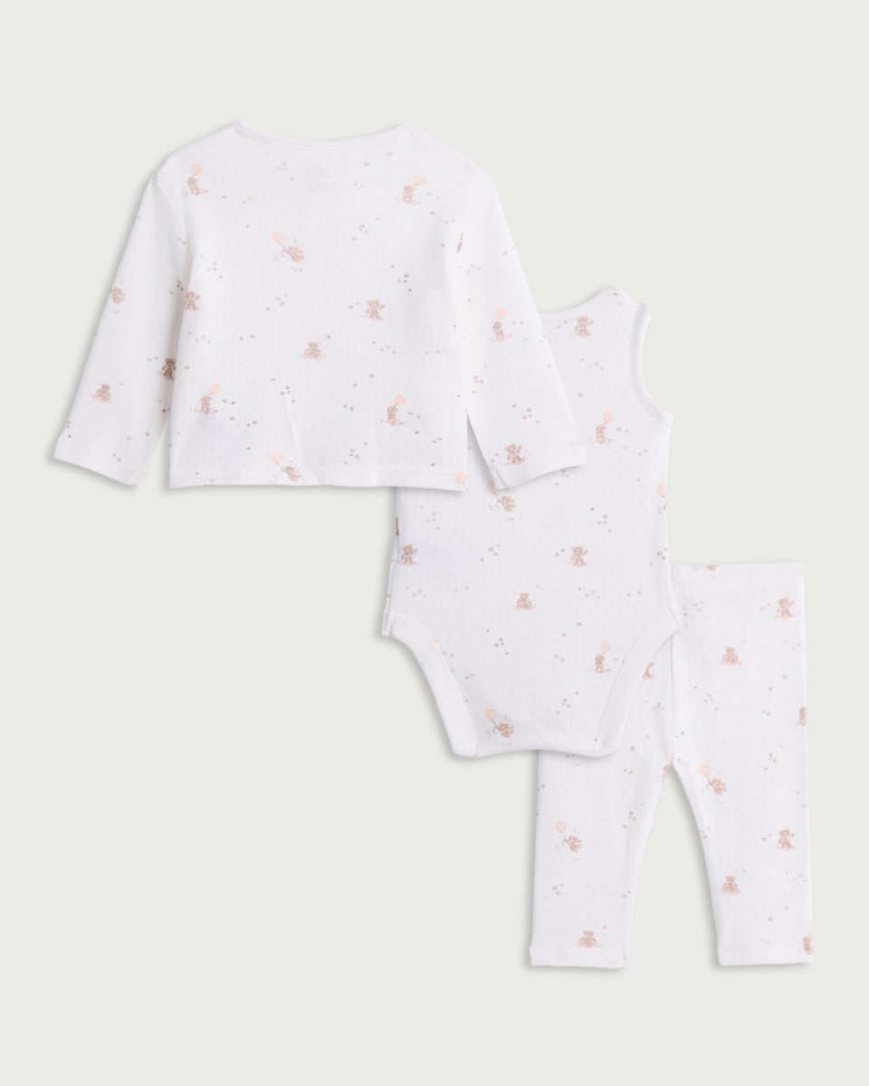 image 1 of F&F Baby 3-Piece Pure Cotton Cardigan, Bodysuit and Leggings Set in White
