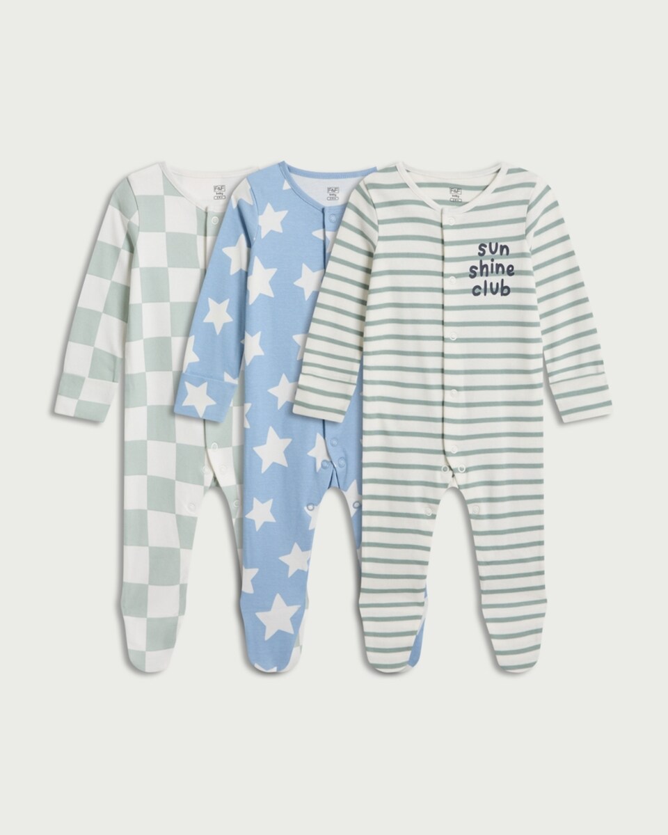 image 1 of F&F Baby 3-Pack Pure Cotton Printed Sleepsuits in Multi