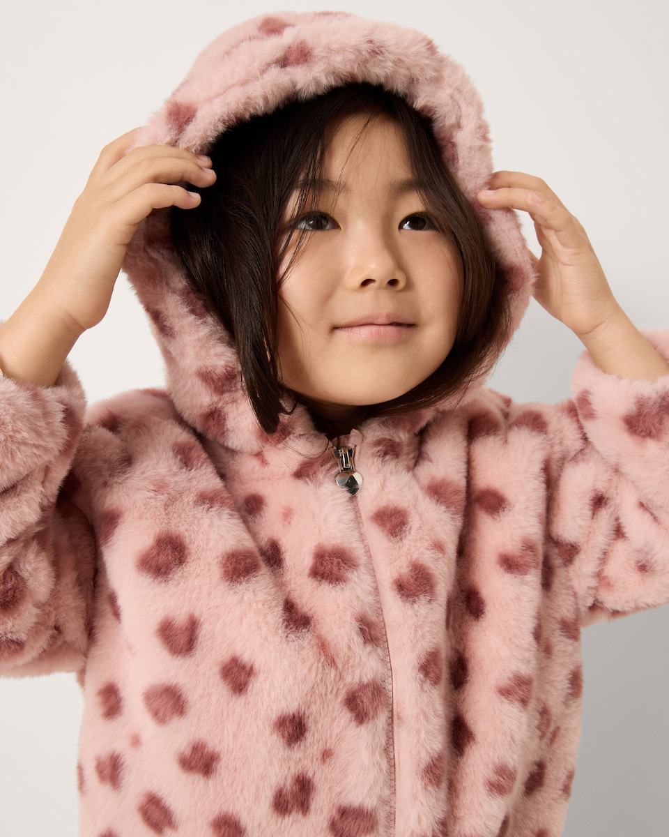 image 1 of F&F Girls Faux Fur Animal Print Jacket in Pink