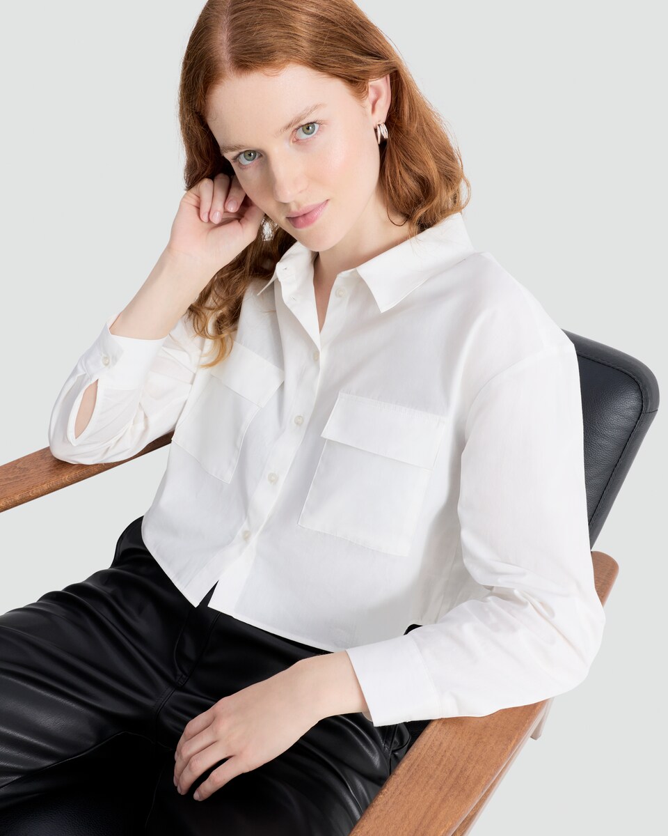 image 1 of F&F Pure Cotton Cropped Pocket Front Button Up Shirt in White