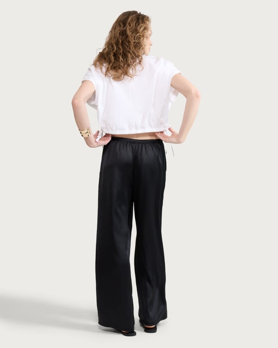 image 1 of F&F Satin Wide Leg Drawstring Trousers in Black
