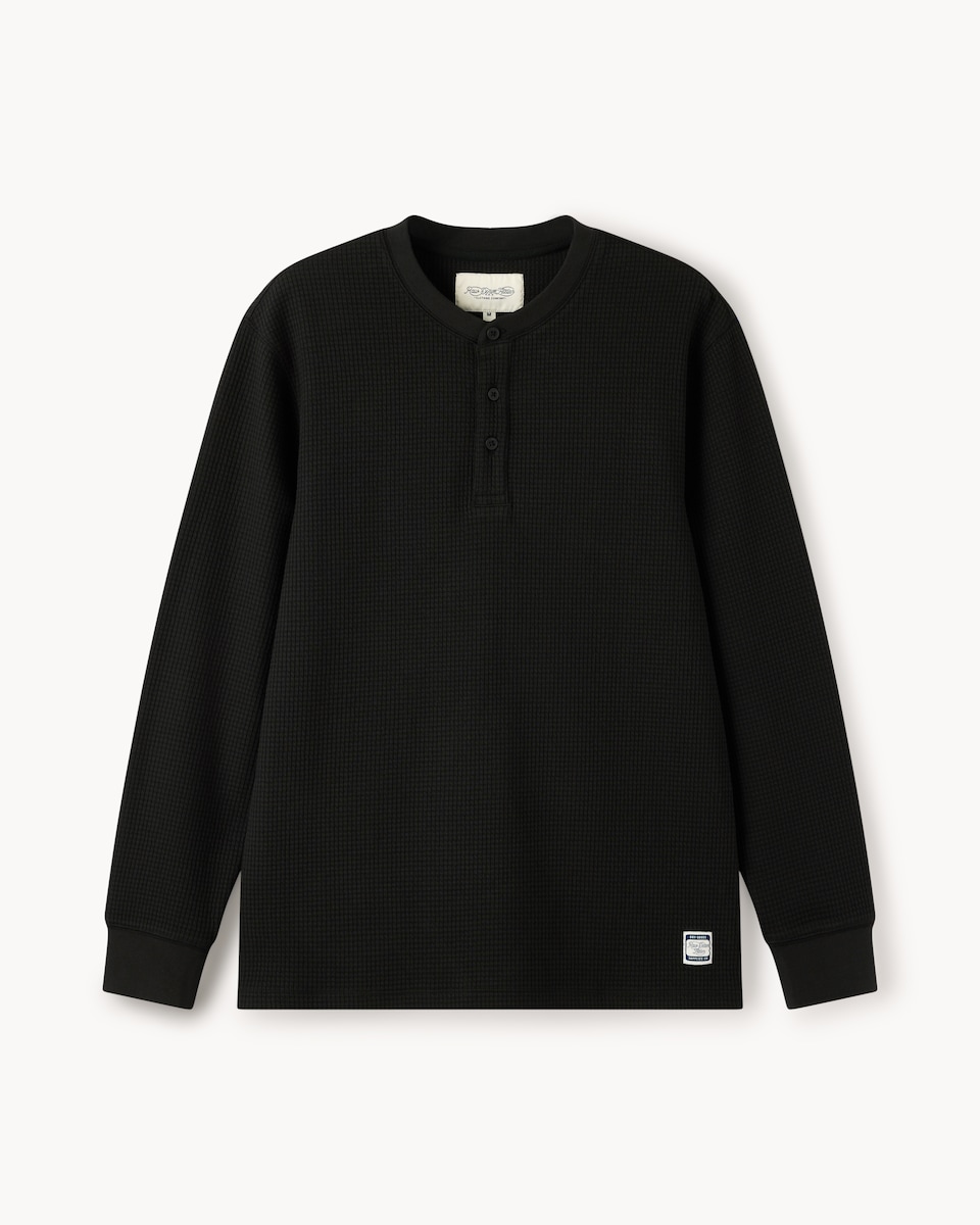 RDA Cotton Blend Waffle Textured Henley Top in Black
