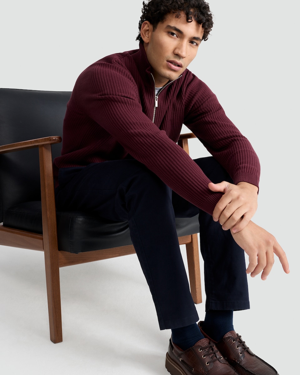 image 1 of F&F Pure Cotton Ribbed Half Zip Jumper in Burgundy