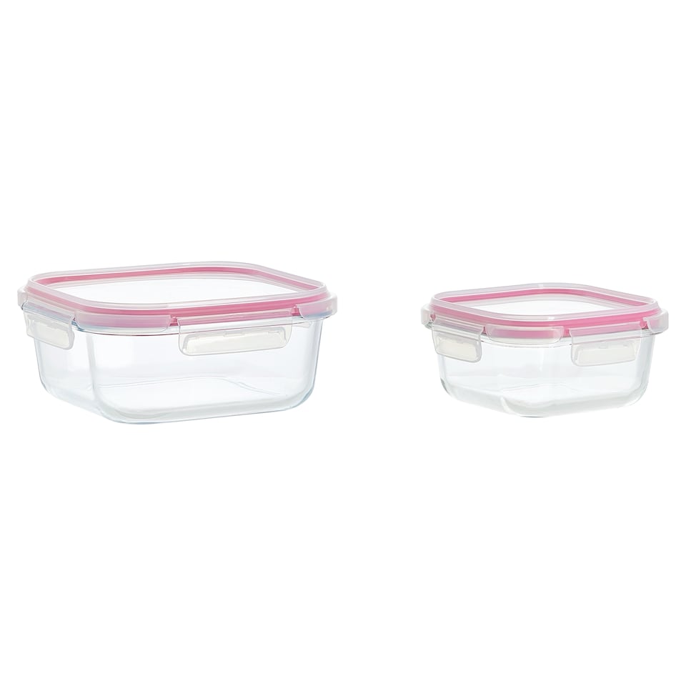 image 1 of Go Cook Klip Pink Glass Square Food Storage 450ml & 1100ml Twin Pack