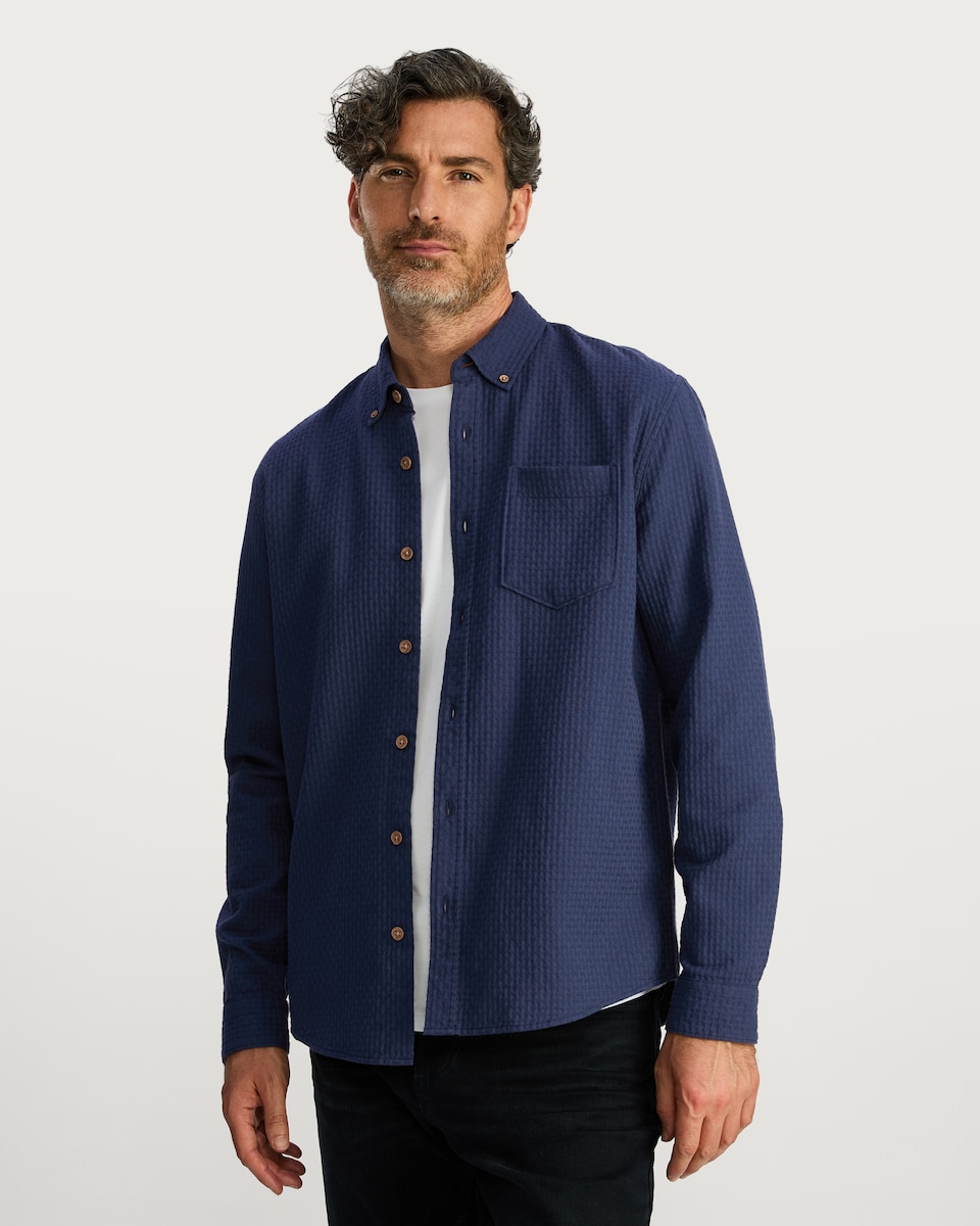 image 1 of F&F Pure Cotton Waffle Textured Button Down Shirt in Navy