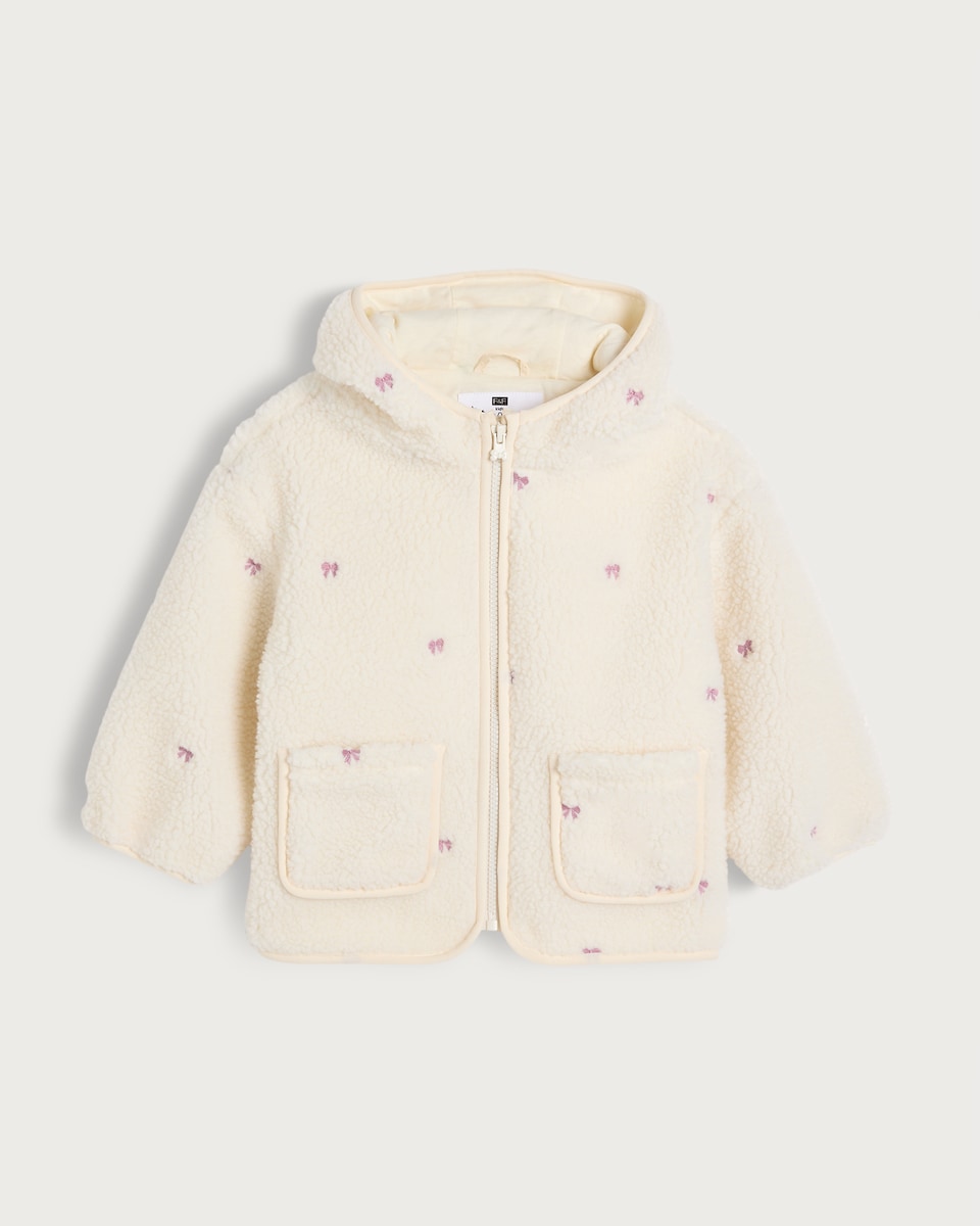 image 1 of F&F Girls Fleece Embroidered Bow Hooded Jacket in Cream